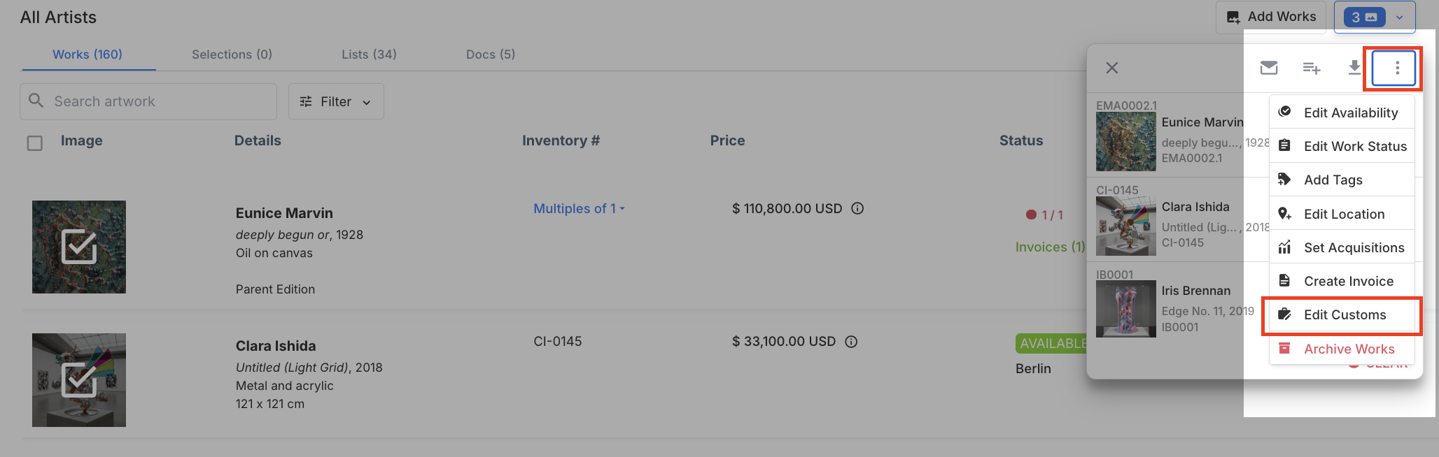 Access Edit Customs from the Selection Cart menu to update multiple artworks at once.