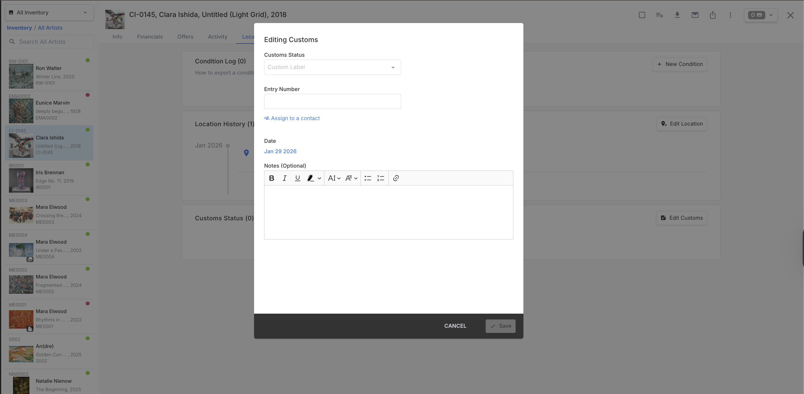 Add customs entries with type, entry number, date, and optional notes.